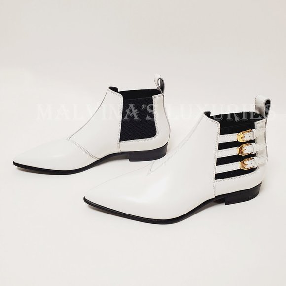 GUCCI BOOTS ANKLE QUEBEC 3 BUCKLE WHITE LEATHER POINTED TOE sz 37.5 7.5 - Picture 3 of 15